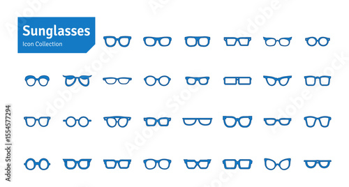 Sunglasses Blue Vector Set. Eyewear Icons. Hipster Geek Style Eyeglasses Frames Vector Illustration.