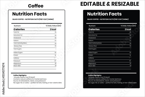 Coffee nutrition facts, nutrition facts, food label, calorie chart, protein infographic, healthy eating, vitamin chart, editable template, diet plan, meal prep nutrition, food packaging label