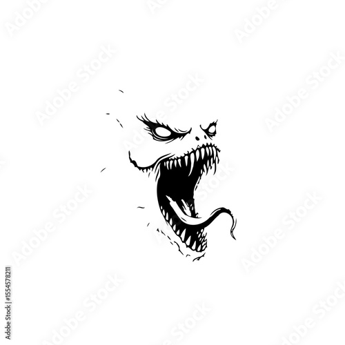 A terrifying monster with sharp teeth and a long tongue black and white drawing illustration