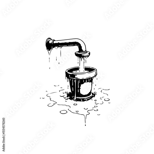 Dripping faucet filling a bucket in a monochrome illustration depicting waste water depletion concerns and environmental issues