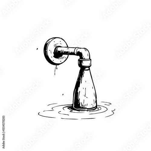 Stylized water faucet dripping into container reflecting scarcity and environmental issues drawn in ink