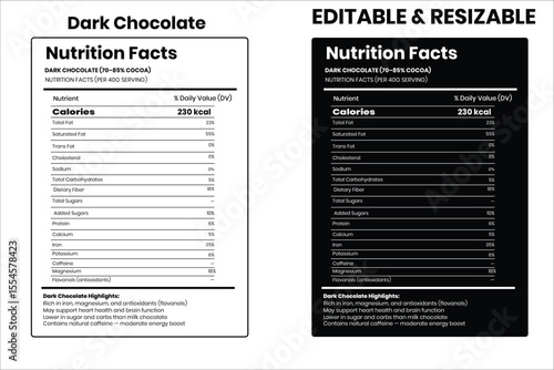 Dark Chocolate nutrition facts, nutrition facts, food label, calorie chart, protein infographic, healthy eating, vitamin chart, editable template, diet plan, meal prep nutrition, food packaging label