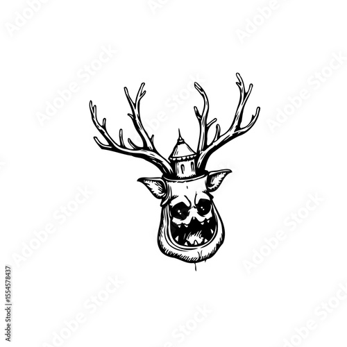 Spooky creature illustration with deer antlers and haunted house, a perfect halloween spooky season themed artwork