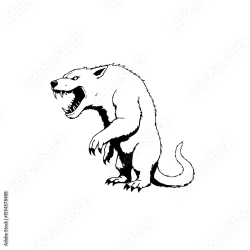 Aggressive were animal in black and white line art style showing aggression with sharp teeth