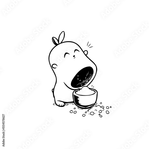 Delightful cartoon character enjoying a meal with playful exuberance and scattering crumbs around the bowl