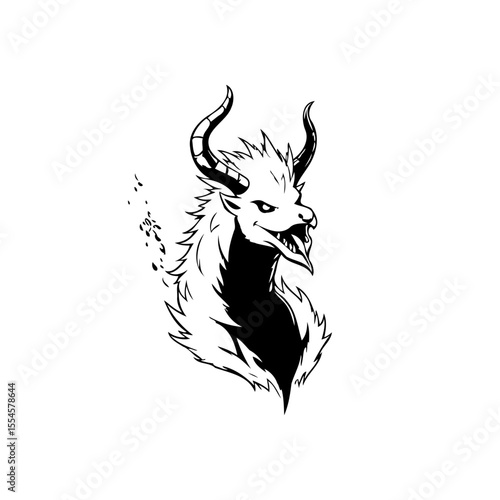 Intricate line art illustration depicting a fierce mythological creature with prominent horns and sharp teeth on white