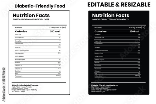 Diabetic-friendly food nutrition facts, nutrition facts, food label, calorie chart, protein infographic, healthy eating, vitamin chart, editable template, diet plan, meal prep nutrition, food packagin