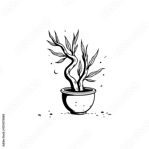 Elegant simplicity a black and white illustration showcasing plant in a pot isolated on a white background