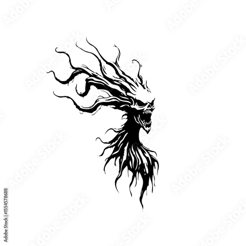 Creepy black and white spooky ghostly creature vector illustration for halloween seasonal designs themes or events