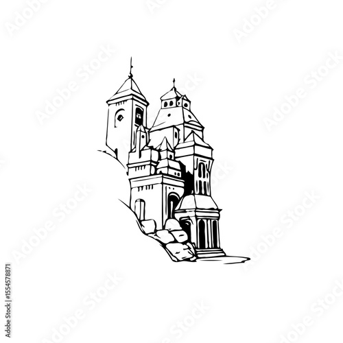 Spooky architectural design featuring a haunted house illustration in black and white style detailed scary building