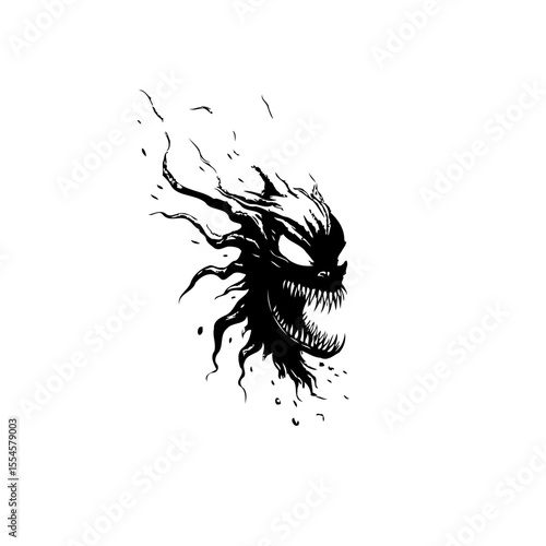 Sinister shadow creature with glowing eyes and sharp teeth illustrating a dark fantasy concept horror