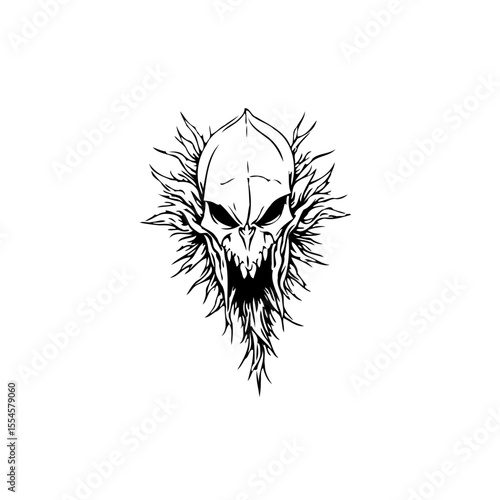 Intricate line art illustration of a demonic skull with spiky details against white background