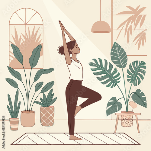 A calm woman practising yoga in a sunlit living room with many indoor plants, minimalist furniture, soft warm light, boho decor, peaceful atmosphere.