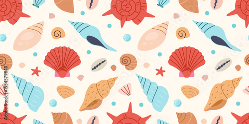 Seamless pattern with colorful seashells, starfishes and marine elements. Bright summer design for beach themed products, packaging or textile. Vector illustration on light background, hand drawn