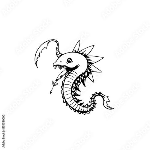 Whimsical fantasy sea monster with spiky fin design and toothy grin and playful creature drawing