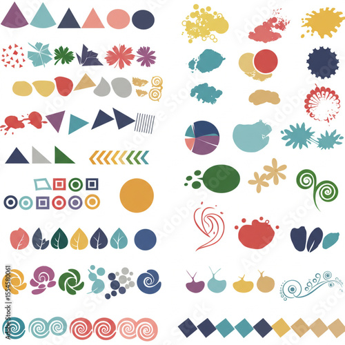 An assortment of colorful geometric shapes and floral designs arranged on a white background surface