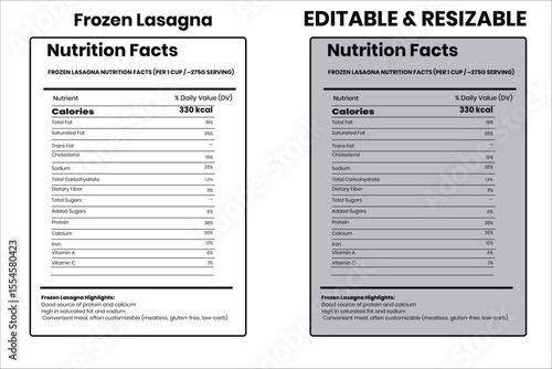 Frozen Lasagna nutrition facts, nutrition facts, food label, calorie chart, protein infographic, healthy eating, vitamin chart, editable template, diet plan, meal prep nutrition, food packaging label