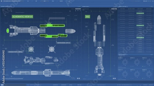 Intricate and detailed schematics of an innovative futuristic rocket design that showcases various engineering elements