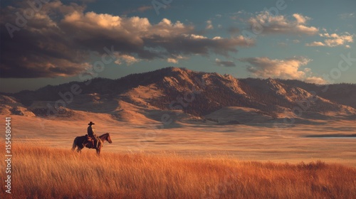 Fototapeta Naklejka Na Ścianę i Meble -  Majestic cowboy on horseback amidst a sunset valley landscape with mountains