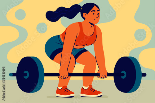Focused woman lifting barbell in deadlift position, gym training