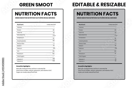 Green Smoothie nutrition facts, nutrition facts, food label, calorie chart, protein infographic, healthy eating, vitamin chart, editable template, diet plan, meal prep nutrition, food packaging label