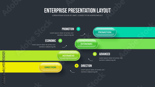 Market Solution 4 Step Infographic Slideshow Layout. Digital Analysis Four Element Diagram Slide Design. Consulting Insight Presentation Template Vector Illustration.
