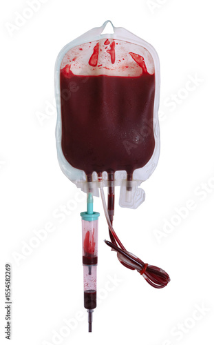 Blood bag during blood transfusion, Blood Bag isolated on white background