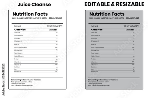 Juice Cleanse nutrition facts, nutrition facts, food label, calorie chart, protein infographic, healthy eating, vitamin chart, editable template, diet plan, meal prep nutrition, food packaging label