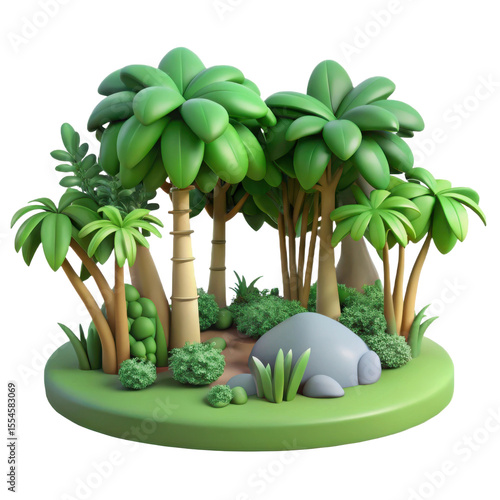 Charming 3d cartoon jungle scene with lush greenery and palm trees