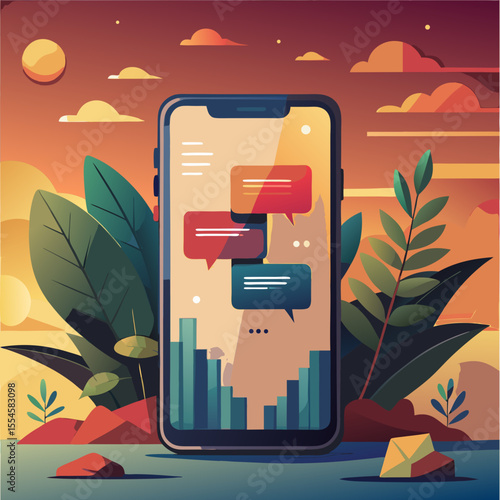 A smartphone displaying a messaging app with chat bubbles in a vibrant tropical scene, highlighting the intersection of technology and nature.