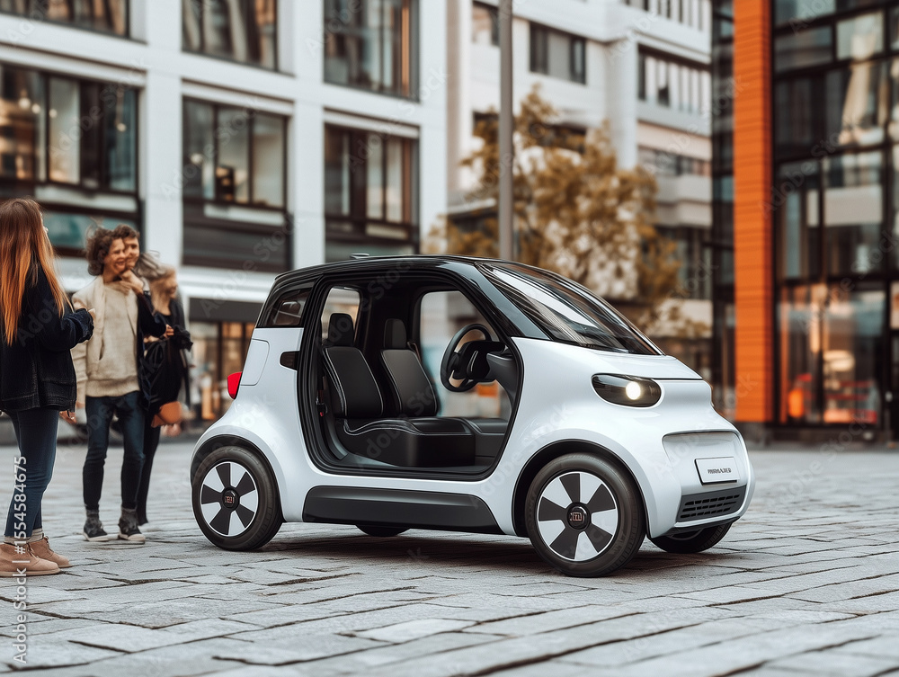 Urban Mobility: Compact Electric Car in City Center Urban Mobility: Compact Electric Car in City Center