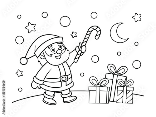 Santa Claus with gifts and candy cane outline line art doodle cartoon illustration. Winter Christmas theme coloring book