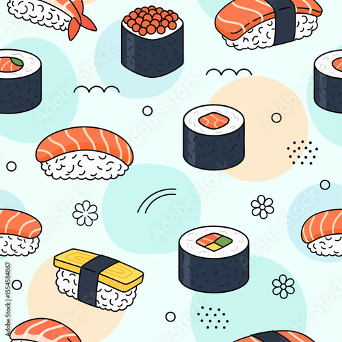 A modern graphic pattern showcases a colorful assortment of Japanese sushi floating amongst abstract lines, dots, and floral shapes. Vector Patterns