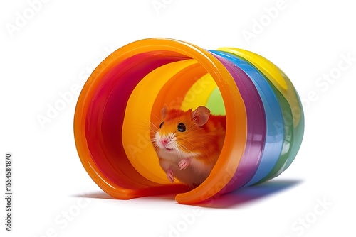 Golden hamster peeking out of a colorful tunnel toy, adorable pet in playful pose in studio shot