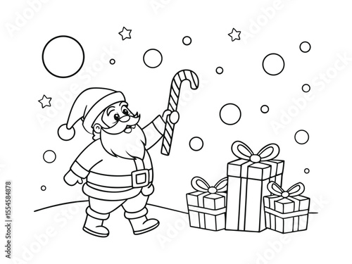 Santa Claus with gifts and candy cane outline line art doodle cartoon illustration. Winter Christmas theme coloring book