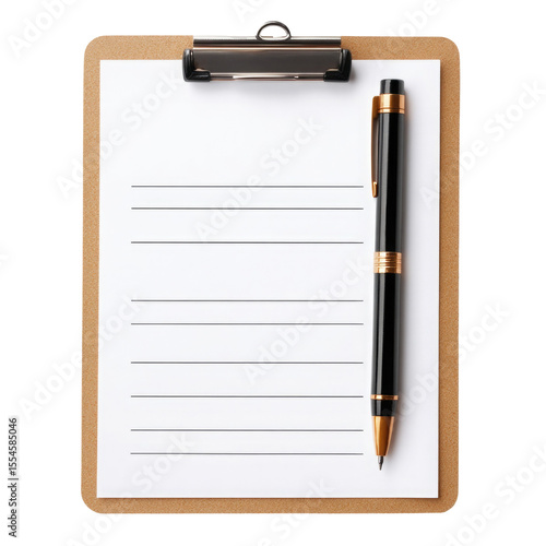 Clipboard with blank paper and pen mockup, notepad for writing notes, checklist form