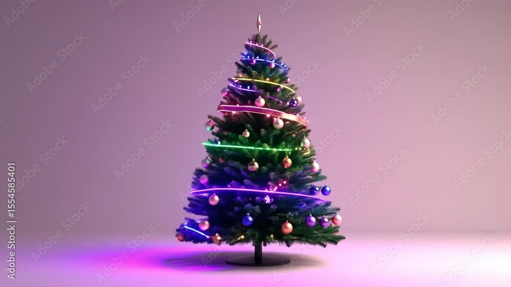 Illuminated Christmas tree with vibrant lights and ornaments against a soft pink backdrop Illuminated Christmas tree with vibrant lights and ornaments against a soft pink backdrop