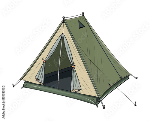 Triangular Green Camping Tent for Solo Traveler Vector Illustration Isolated. Hiking Equipment 