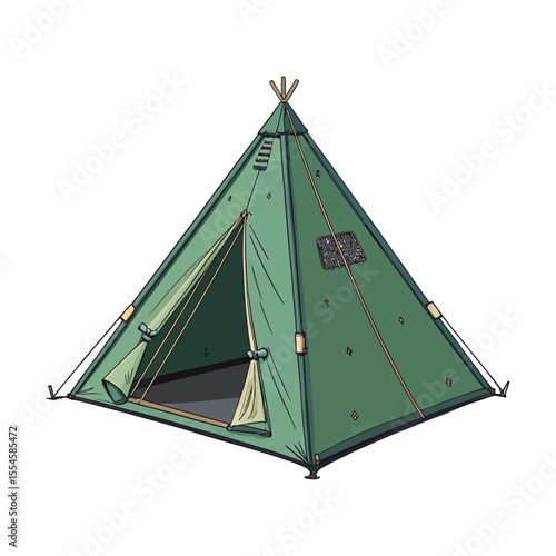Triangular Green Camping Tent for Hikers or Solo Traveler Vector Illustration Isolated. Hiking Equipment