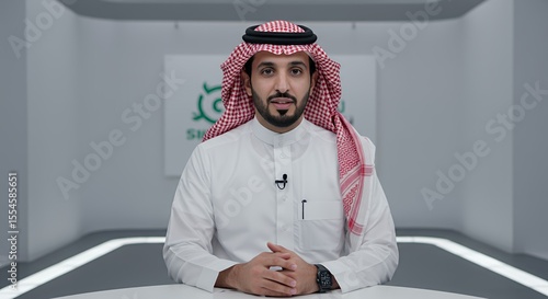Confident Saudi Arabian Man in Traditional Attire, Ready to Speak