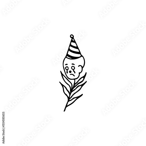 Sad Clown Crying with Party Hat Vector Illustration. Black and white vector illustration of a sad clown wearing a party hat, crying with closed eyes. Tattoo design handpoke