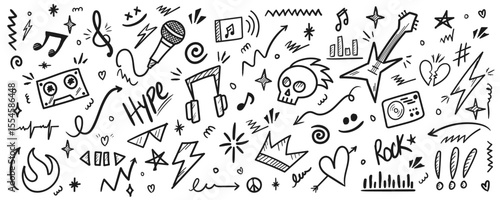Music Doodle Icon Set with Punk Rock Guitar, Microphone, Skull, Thunder, Arrow, Crown, and Hand Drawn Graffiti Style Elements on Transparent Background