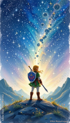 Hero Silhouette Against a Cosmic Dawn, Pixel Art Landscape