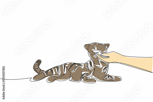 Continuous one line drawing tabby cat is lying down and there is a human hand holding his chin. Stroking. Joking with the striped one. National Tabby Day. Single line draw design vector illustration