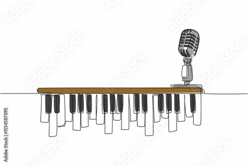 Single continuous line drawing piano keys and above it is a mic. An old school microphone that is very thick with jazz music. Performance. International Jazz Day. One line design vector illustration