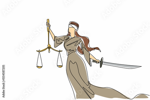 Single one line drawing woman with her eyes covered by cloth holding scales and sword. Symbolism. All are equal before the law. Uphold the law. Law Day. Continuous line design graphic illustration