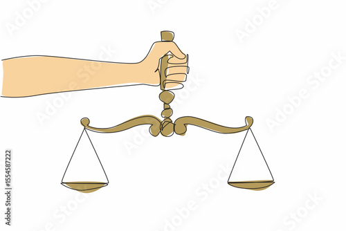 Single continuous line drawing human hand holding a scale. Symbolism. Uphold just laws. Create a sense of security for others. Equality before the law. Law Day. One line design vector illustration