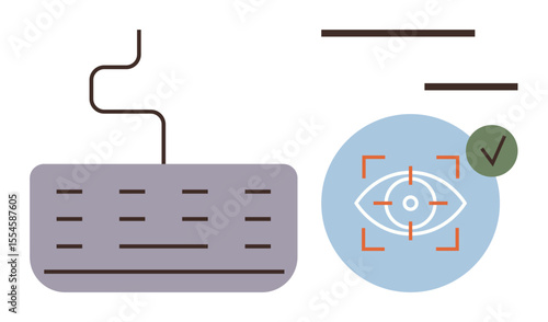 Keyboard with biometric eye scanner confirming access via tick mark. Ideal for security, technology, digital privacy, authentication, identification, access control, simple flat metaphor