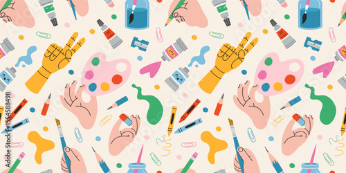 Seamless pattern with art supplies, creative hands, paint tubes, brushes and sketching tools. Trendy modern vector illustration on light background, hand drawn, flat design