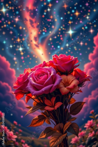 Pink and Purple Roses Bouquet Under a Starry Night Sky